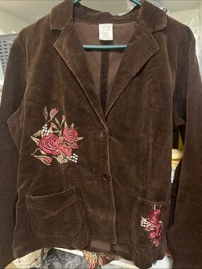 Brown corduroy Floral-Embroidered Women's Blazer Jacket